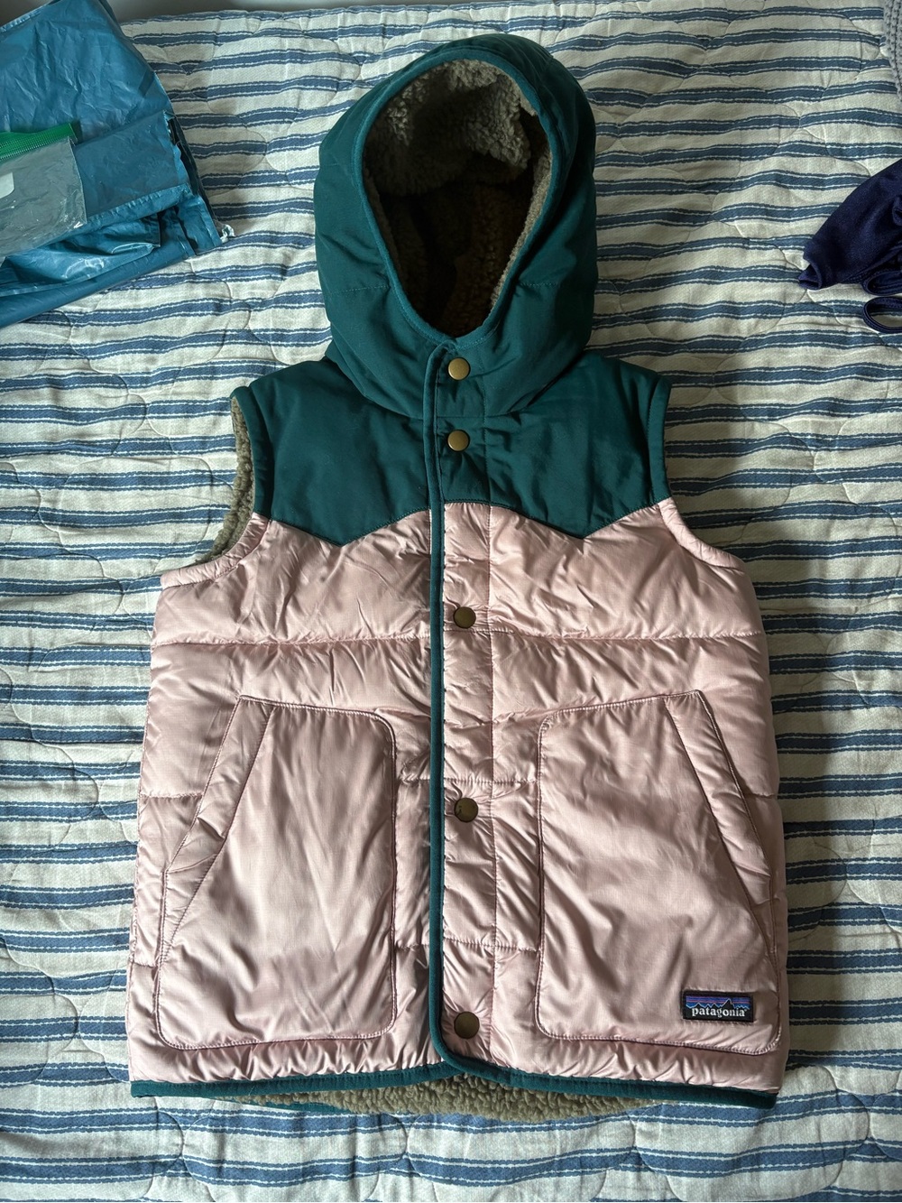Patagonia Pink and Teal Hooded Puffer Vest for Kids